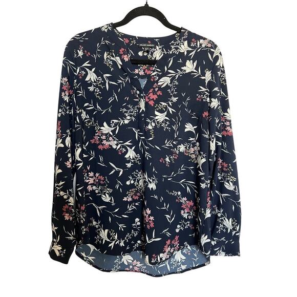 Hilary Radley Floral High-Low Blouse, Navy Blue, Small, V Neck, Lightweight - Picture 1 of 10
